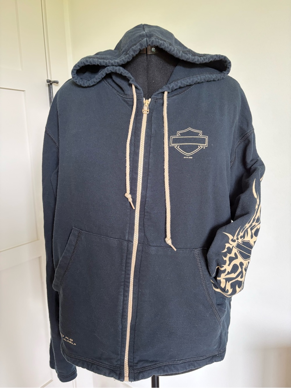 Harley-Davidson  Zip Front Hoodie with Tan Drawcords and Sleeve Flame